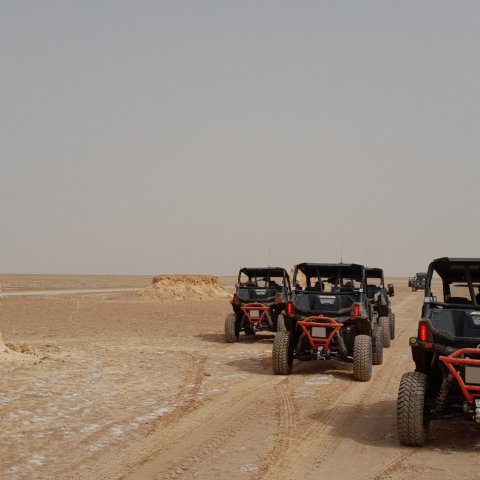 Photo d'un groupe de SSV pris de dos lors d'un raid en Tunisie