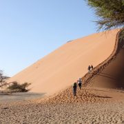 Des gens qui montent une colline de sable en Afrique