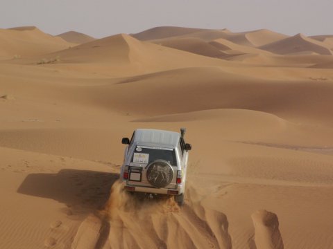 Photo d'un 4x4 prise de l'arrière dans le désert